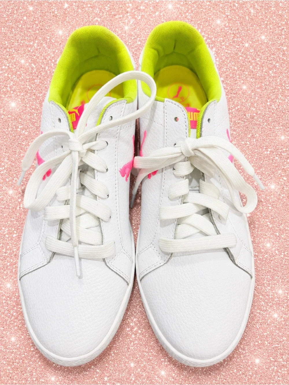 Puma White Leather Sneakers with Neon Pink & Lime Accents-size 7.5